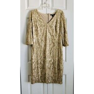 LAUREN Ralph Lauren Dress Women's Size 12 3/4 Sleeves Beige Sequined Brown